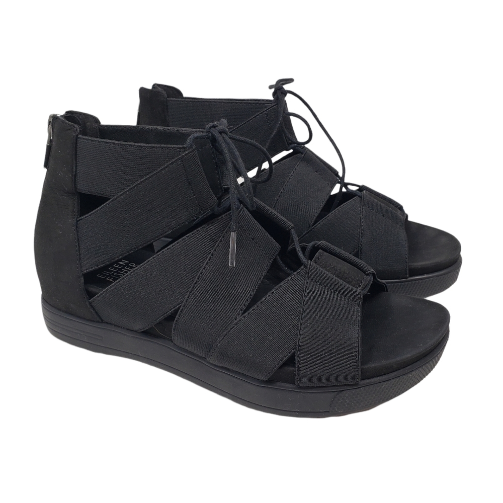 Eileen Fisher Link Lace-Up Sneaker Sandal Black Lace Up Caged Vamp‎ Back Zipper